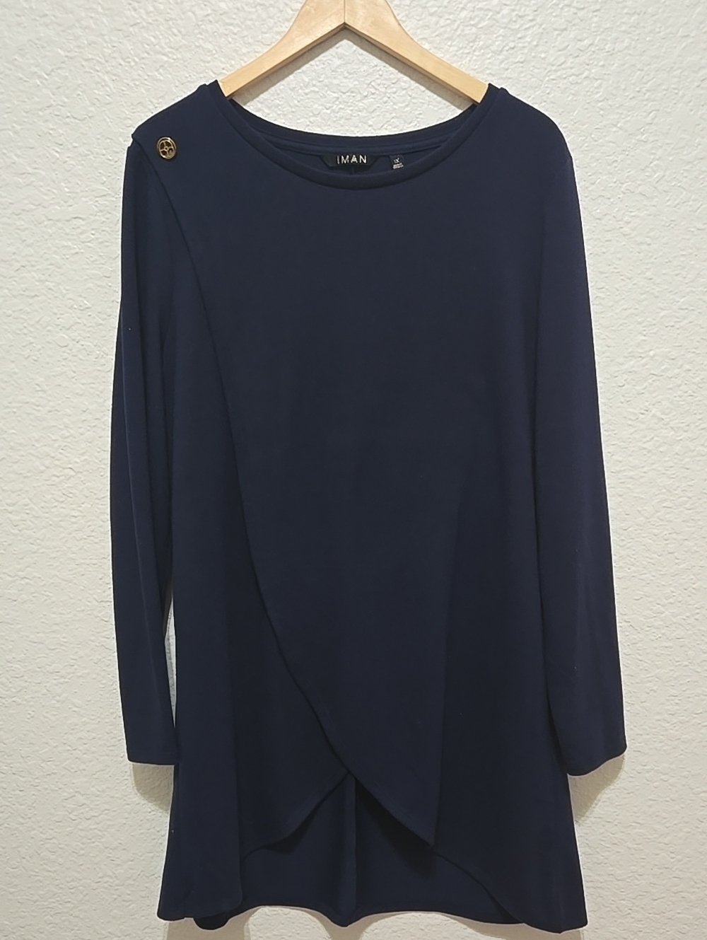 IMAN Navy Asymmetrical Draped Long-Sleeve Tunic with Gold Button